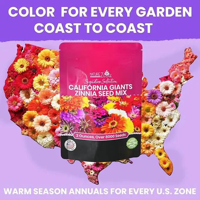 NatureZ Edge Zinnia Seeds for 2025 Planting Outdoors, Over 8250 Flower Seeds, 2 Oz, Non GMO Made in USA, Bulk Semillas De Flores para Sembrar, California Giants, Easy to Grow Zinnia Seed Mix by GreenHaven Gardens