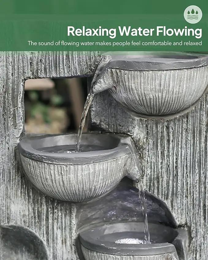 23.43" H Outdoor Water Fountain, 5 Tiers Bowls Garden Water Fountains with LED Light, Modern Natural Waterfall Fountain for Garden, Patio, Yard and Home Art Decor by GreenHaven Gardens