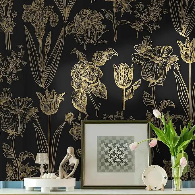 Dimoon 393"x17.3" Floral Wallpaper Peel and Stick Flowers Golden Black Contact Paper Thicken Waterproof Modern Self Adhesive Plants Wallpaper Removable Wall Paper Shelf Vinyl Roll by GreenHaven Gardens