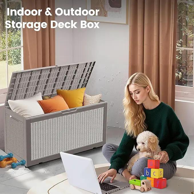 100 Gallon Storage Box, Waterproof Resin Deck Box with Hydraulic Piston Design, Lockable Storage Bench for Package Delivery, Storage Bin for Patio Cushions, Garden Tools, Grey by GreenHaven Gardens
