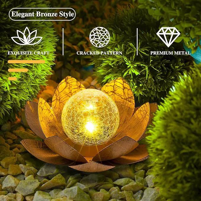 Solar Light Outdoor(2Pack), Art Crackle Globe Glass Lotus Decoration, Solar LED Waterproof Metal Flower Lights for Patio,Lawn,Walkway,Tabletop by GreenHaven Gardens