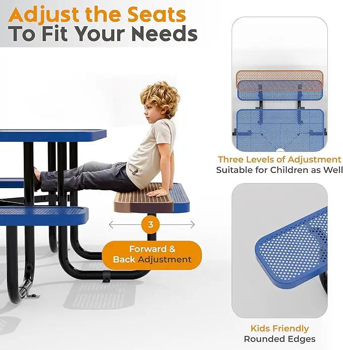 Metal Picnic Tables for Outdoors with Umbrella Hole - Coated Steel Heavy Duty Commercial Grade Table with Adjustable Seats (Blue, 46 in, Square, Punched Steel) by GreenHaven Gardens