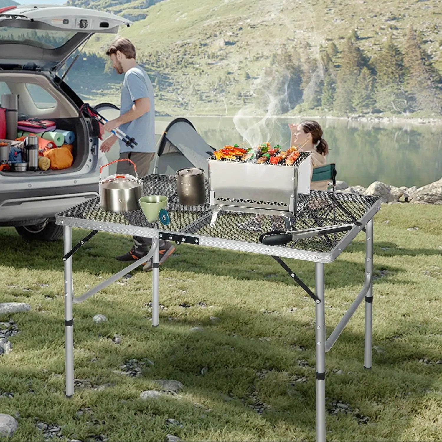 RedSwing Portable Grill Table for Outside, Aluminum Folding Grill Stand Table for Outdoor Camping Picnic BBQ, Lightweight Adjustable Height, 36"x24"x15"/28" Sliver by GreenHaven Gardens