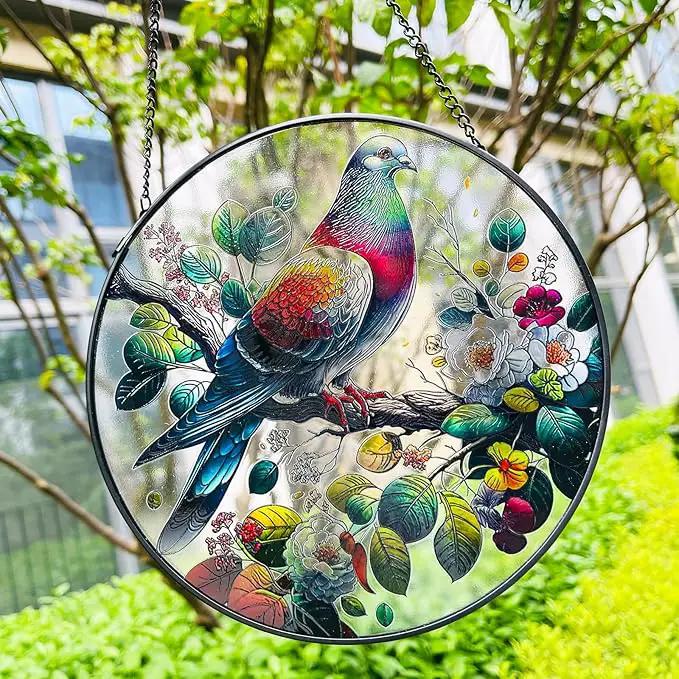 RIVEENY Stained Glass Window Hangings,8" Suncatcher Stained Glass Window Panels,Stained Panel Hangings Gift Women Girls Thanksgiving Birthday Gifts for Mom Grandma (Pigeon) by GreenHaven Gardens