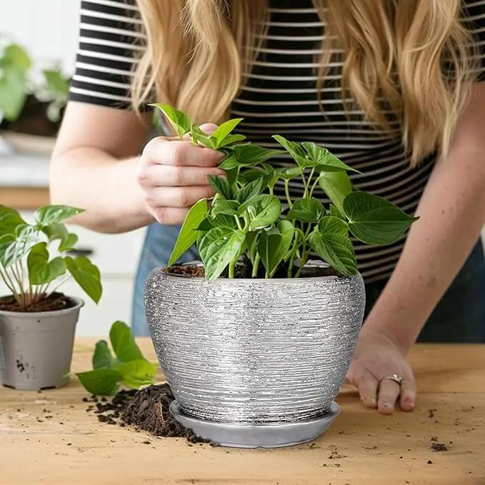Ceramic Planter - 6 Inch Plant Pot Indoor with Drainage Hole and Saucer Outdoor Pot for Plants Round Decorative Planter Modern Mid-Century Flower Pot for Office Decor Silver by GreenHaven Gardens
