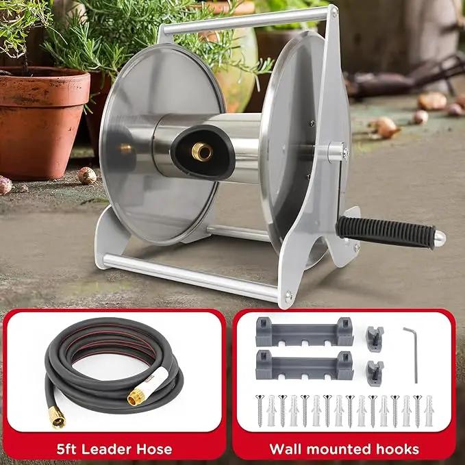 Stainless Steel Garden Hose Reel, Wall Mount or Floor Mounted with 3/4 Inch Brass Fittings Lead hose, 135 Ft Capacity with Crank Handle & portable hose reels for outside by GreenHaven Gardens