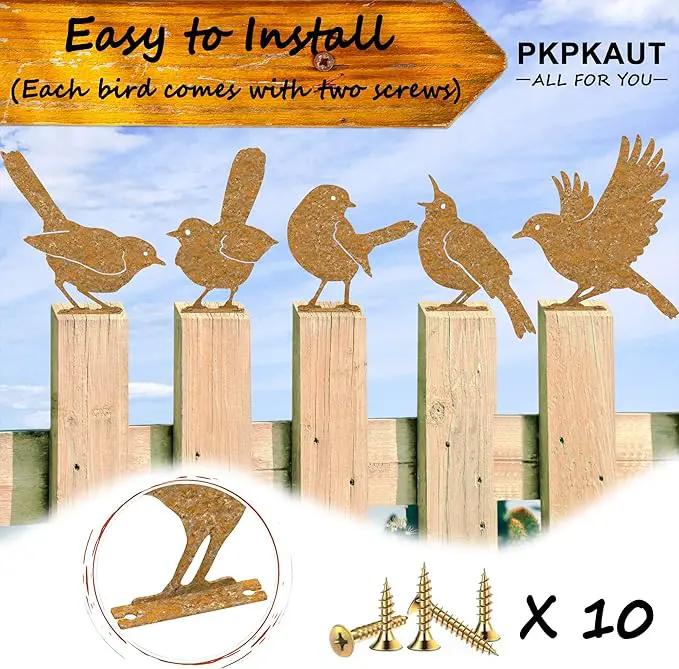 5Pcs Metal Birds Robin Fence Decorations Outdoor Yard Art, Rusty Birds Fence Art Outdoor and Garden, Metal Bird Silhouette Craft Statue Ornaments Fence Topper Decor by GreenHaven Gardens