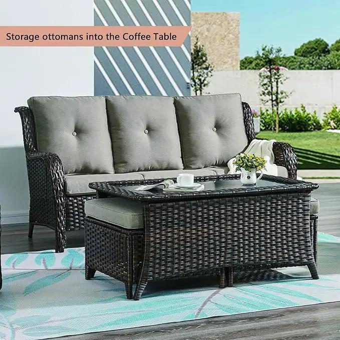 Patio Tables Wicker Coffee Table - Outdoor Rattan Coffee Tables with Glass Top for Patio Proch Deck Balcony Rectangle Brown by GreenHaven Gardens