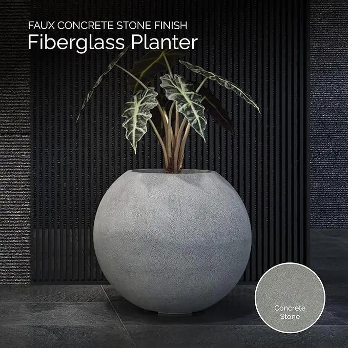 Orbo Large Planter – Fiberglass Indoor/Outdoor and Weather-Resistant Globe Planter (Concrete Stone, 35.4" D x 31.3" H) by GreenHaven Gardens
