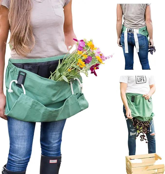 Roo Gardening Apron with Pockets & Harvesting, Picking Pouch - Adjustable, Water-resistant, Washable Canvas Cotton by GreenHaven Gardens