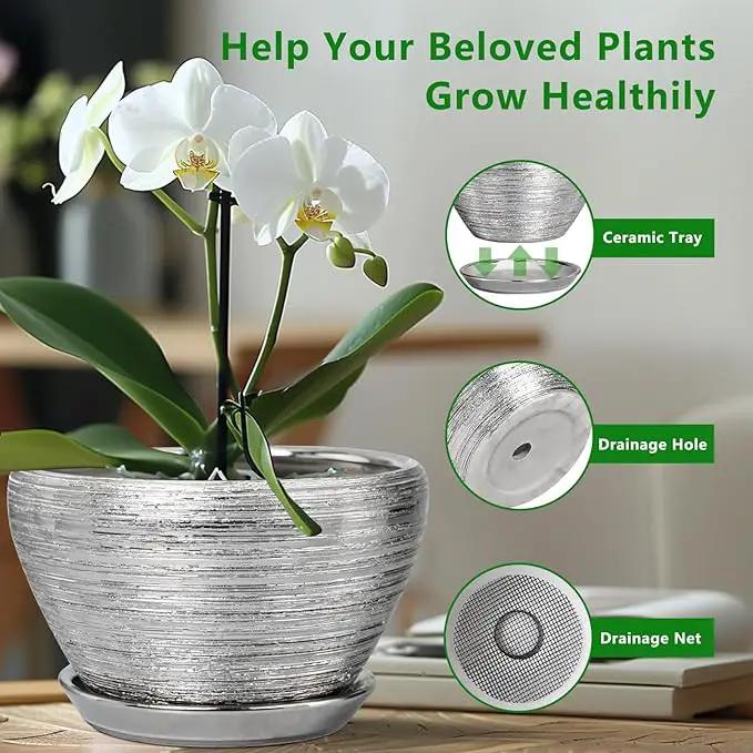 Flower Pot for Indoor Plants - Ceramic Planter 13 Inch Plant Pot with Drainage Hole and Saucer Large Decorative Planter Outdoor Mid-Century Planter for House Decor Silver by GreenHaven Gardens