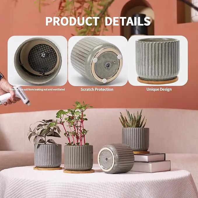 5.25 Inch Ceramic Plant Pots with Drainage Holes and Trays, Vertical Stripes Planter Pot with Saucers for Indoor Flowers, Succulent, Snake Plants, Cactus & Herbs, Grey-Green, Set of 4 by GreenHaven Gardens