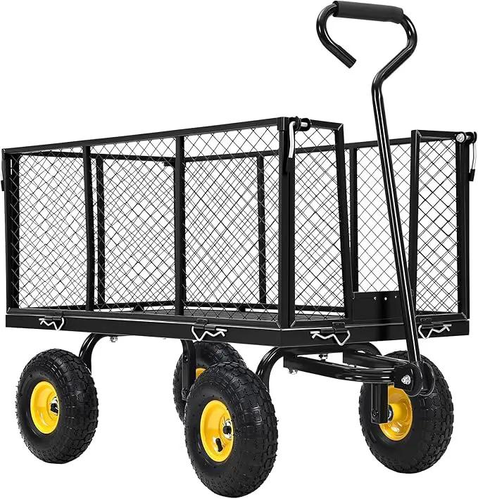 Heavy Duty Steel Garden Cart, 1100LBS Pullable Metal Garden Wagon with 10" Wheels, 180° Rotating Handle and Removable Sides for Outdoor, Farm, Yard, Beach by GreenHaven Gardens