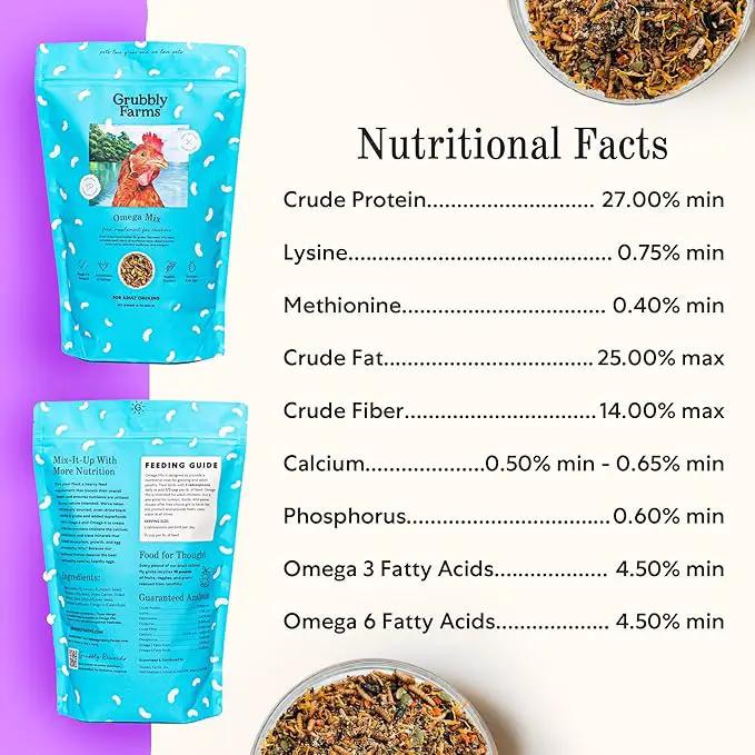 Grubbly Farms Omega Mix Chicken Treats for Laying Hens - Superfood and Omega-Rich Chicken Feed Supplement to Support Egg Production, Strong Eggshells and Nutritious Yolks - 1LB by GreenHaven Gardens