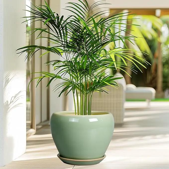 8 Inch Plant Pot - Ceramic Planter for Outdoor Plants Indoor Plant Pot with Drainage Hole and Saucer Mid-Century Round Planter Flower Pot for House Garden Green by GreenHaven Gardens