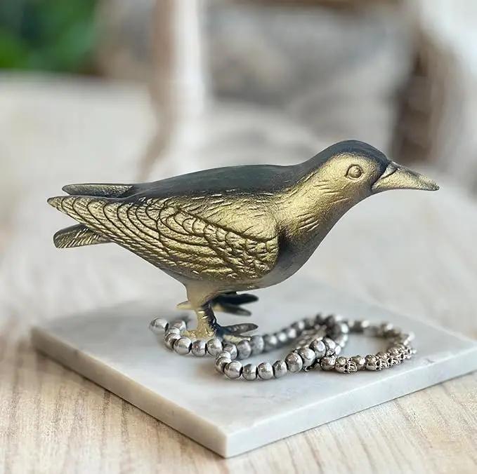 NACH Crow Decor, 4.5 x 11 x 3.5 inch, Cast Iron Antique Gold Raven Statue, Raven Decor for Outside - Head Up Crow Statue by GreenHaven Gardens