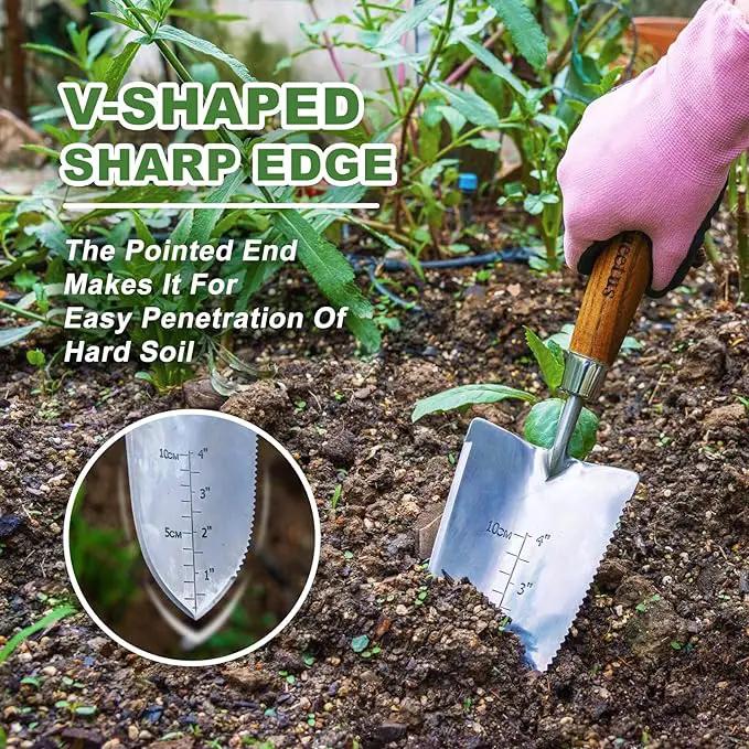 Haliaeetus Garden Trowel with Serrated Edge, 4'' Depth Marks Planting Shovel, V-Shaped Sharp Edge Garden Shovel, Stainless Steel Hand Shovel with Comfortable Wood Handle for Planting and Weeding by GreenHaven Gardens