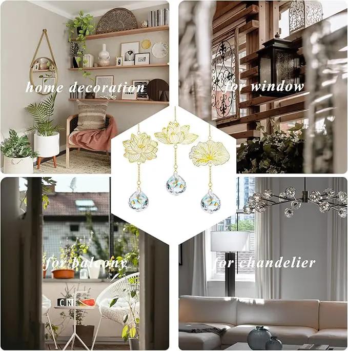 H&D HYALINE & DORA Suncatchers Lotus Leaf Pendant with Crystal Prisms Window Hang Sun Catcher Ornament Rainbow Maker for Home Garden Rearview Mirror Charms, Pack of 3