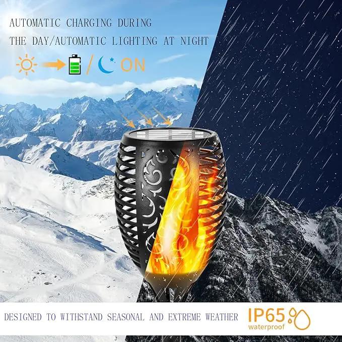 I-SHUNFA 96 LED Outdoor Waterproof Solar Torch Lights with 3 Modes—Flickering Flame, Fade Effect, or Full Brightness Automatic On/Off Landscape Decorations and Security Lights (4, Warm)
