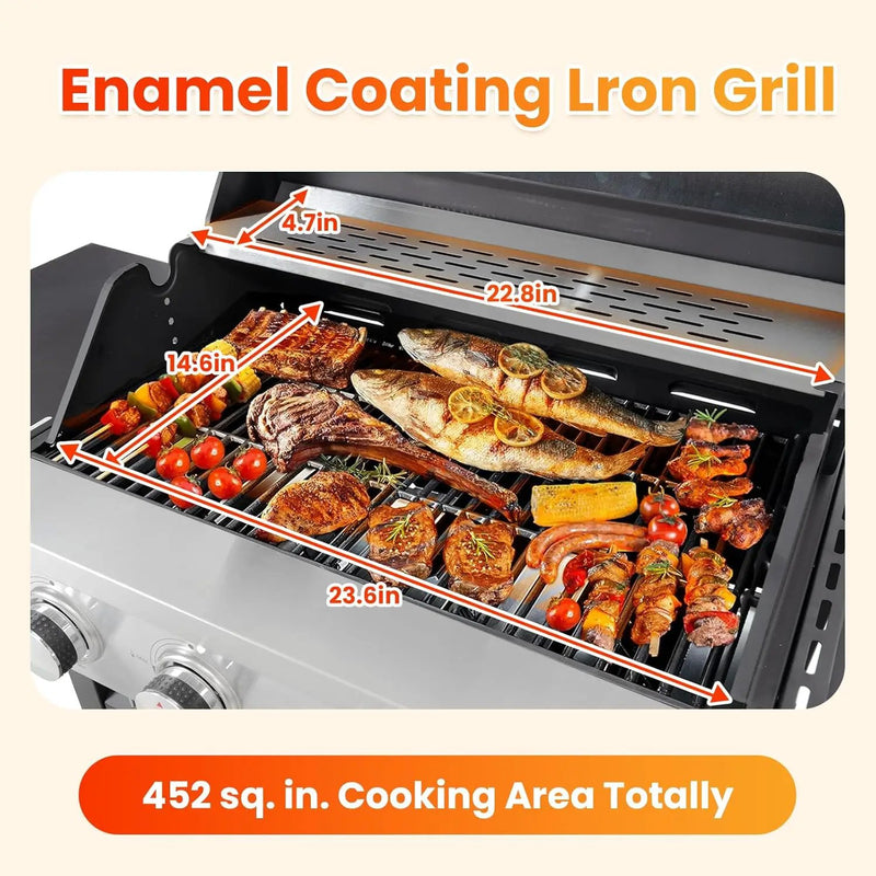 4-Burner Propane Gas BBQ Grill with Side Burner, Porcelain-Enameled Cast Iron Grates and Grills Cover, 51,000 BTU Stainless Steel Grill for Outdoor Camping Barbecue Grilling Backyard Cooking by GreenHaven Gardens