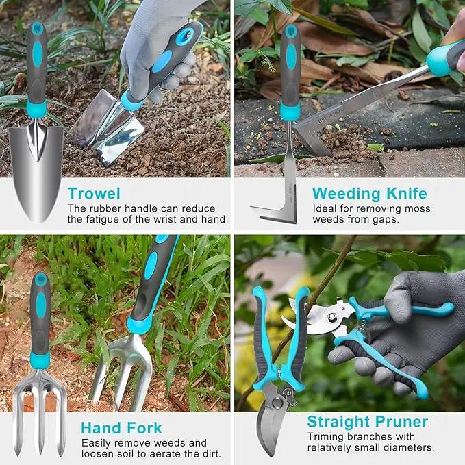 Gardening Tools, Carsolt 10 Piece Heavy Duty Stainless Steel Garden Tools Set with Ergonomic Rubber Handle. Variety of Gardening Hand Tools for Planting Gardening Kit with Gift Box Ideal Garden Gifts by GreenHaven Gardens