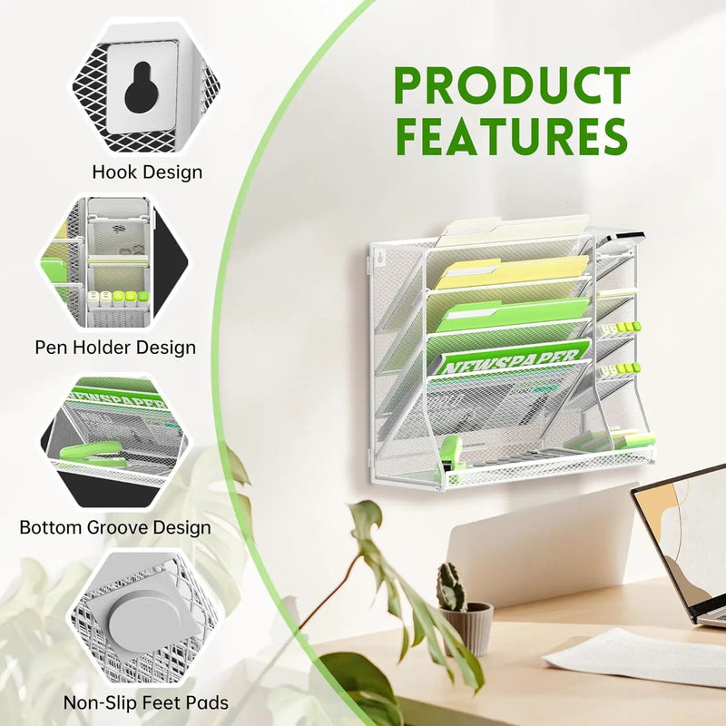 SUPEASY Wall File Organizer, 5-Tier Desk Organizer with 4 Pen Holders, Wall Organizer for Office with R-shaped Bottom Tray, Desk Organizers and Accessories for Office Supplies, White by GreenHaven Gardens