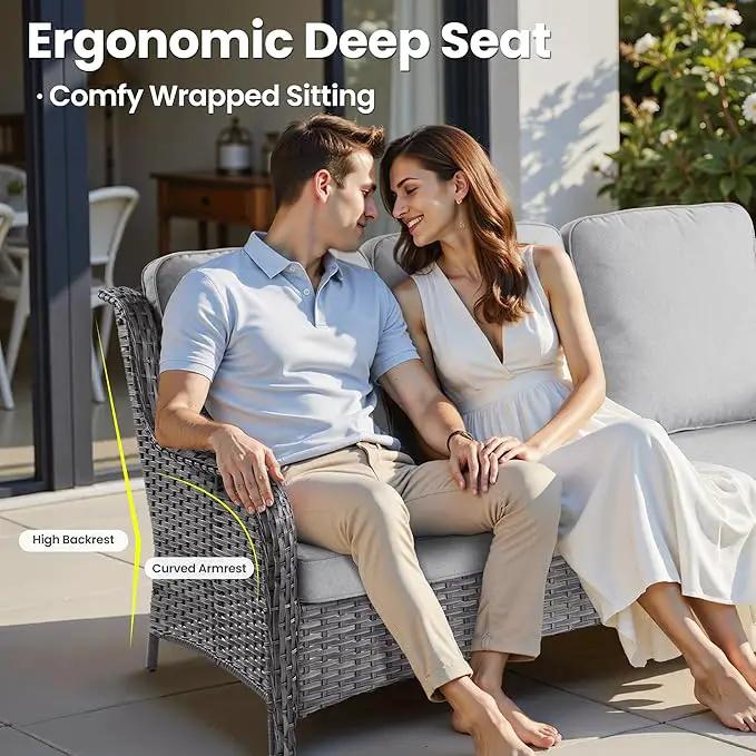 ovios 6 Pieces Patio Furniture Set, Outdoor Wicker Sofas with Glass Coffee Table and Comfy Cushions, All Weather High Back Couch Set for Deck Porch, Grey Rattan, Grey by GreenHaven Gardens