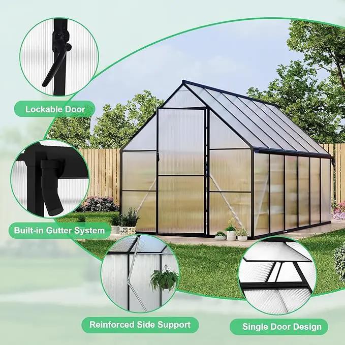 Greenhouse 8x10 FT Aluminum-Framed Heavy Duty Polycarbonate with Quick Setup Structure and Roof Vent, Large Enhanced Outdoors Green House Kit by GreenHaven Gardens