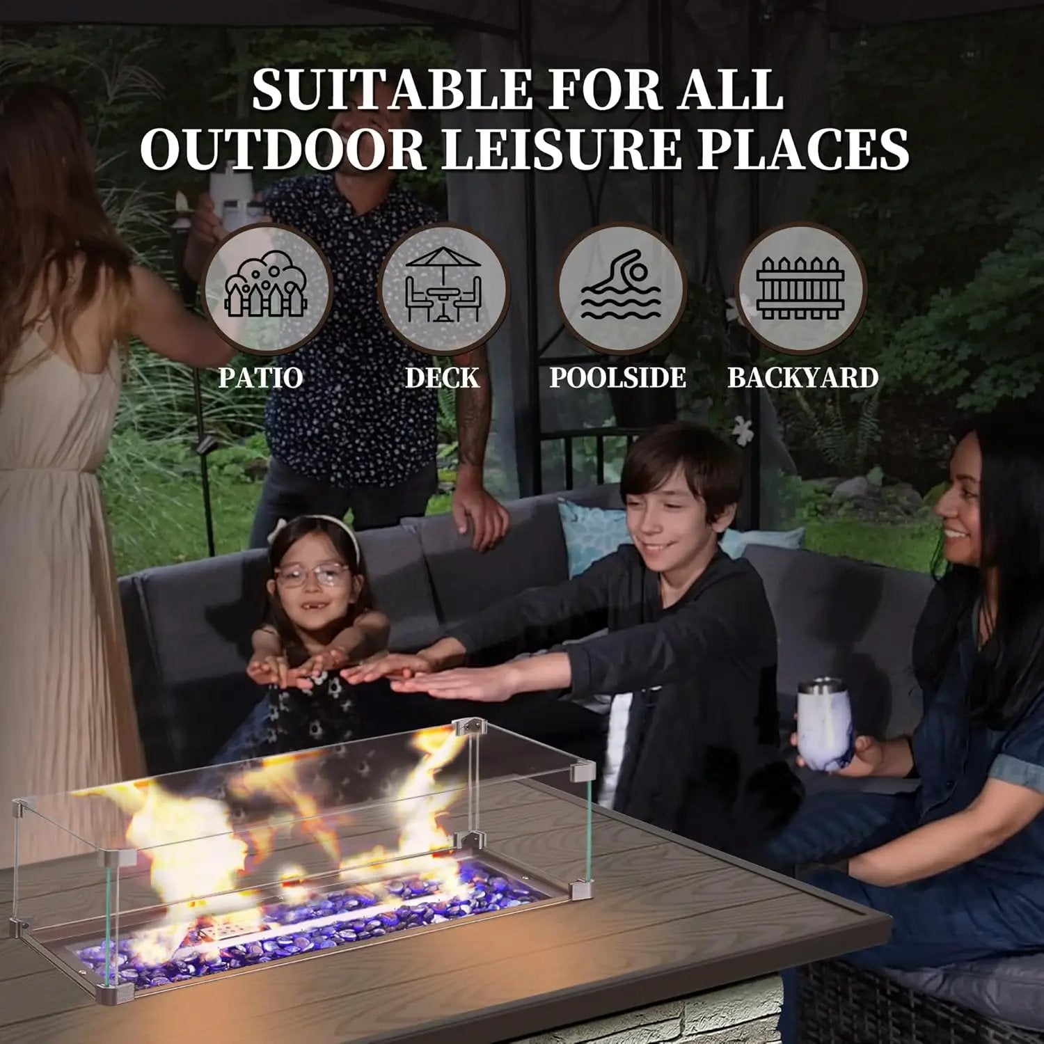 43¡± Propane Fire Pit Table Outdoor Rectangular Stone Firepit Table 50,000 Btu Propane Fire Tables for Outside Patio with Glass Wind Guard, Lid, Fire Glass Beads,Brown Rock Look by GreenHaven Gardens