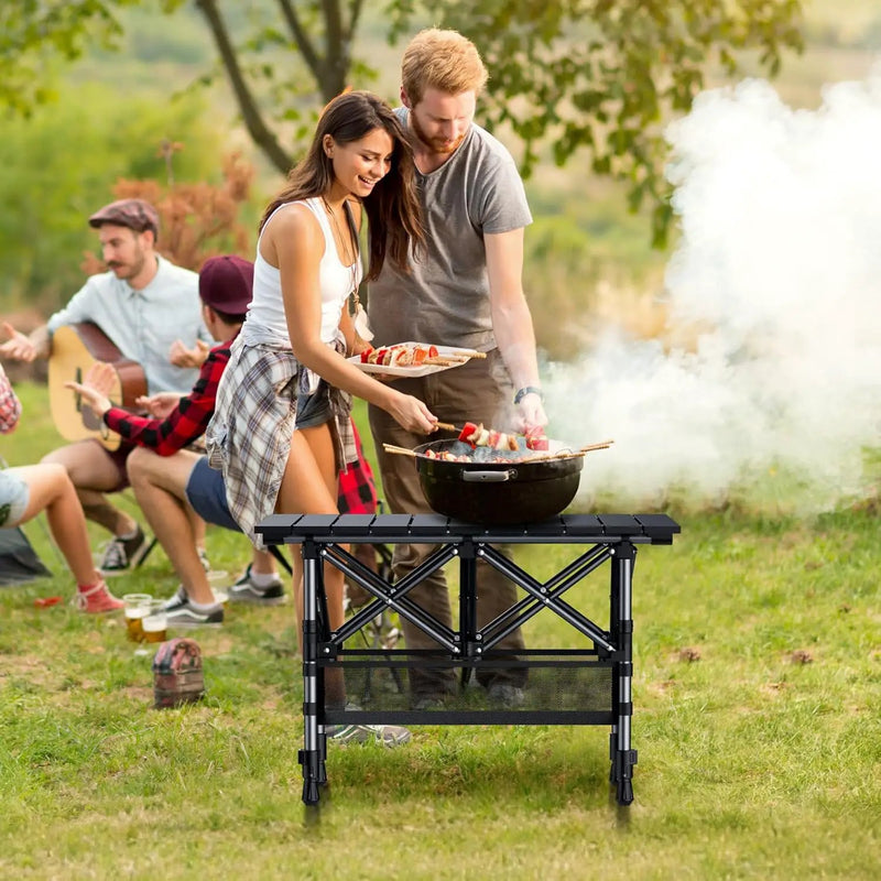 Folding Camping Table, Aluminum Roll Up Camping Table Adjustable Height with Storage Net and Bag, Lightweight Outdoor Table 25” X 16”, for Outdoor Travel BBQ Party Picnic, Black by GreenHaven Gardens