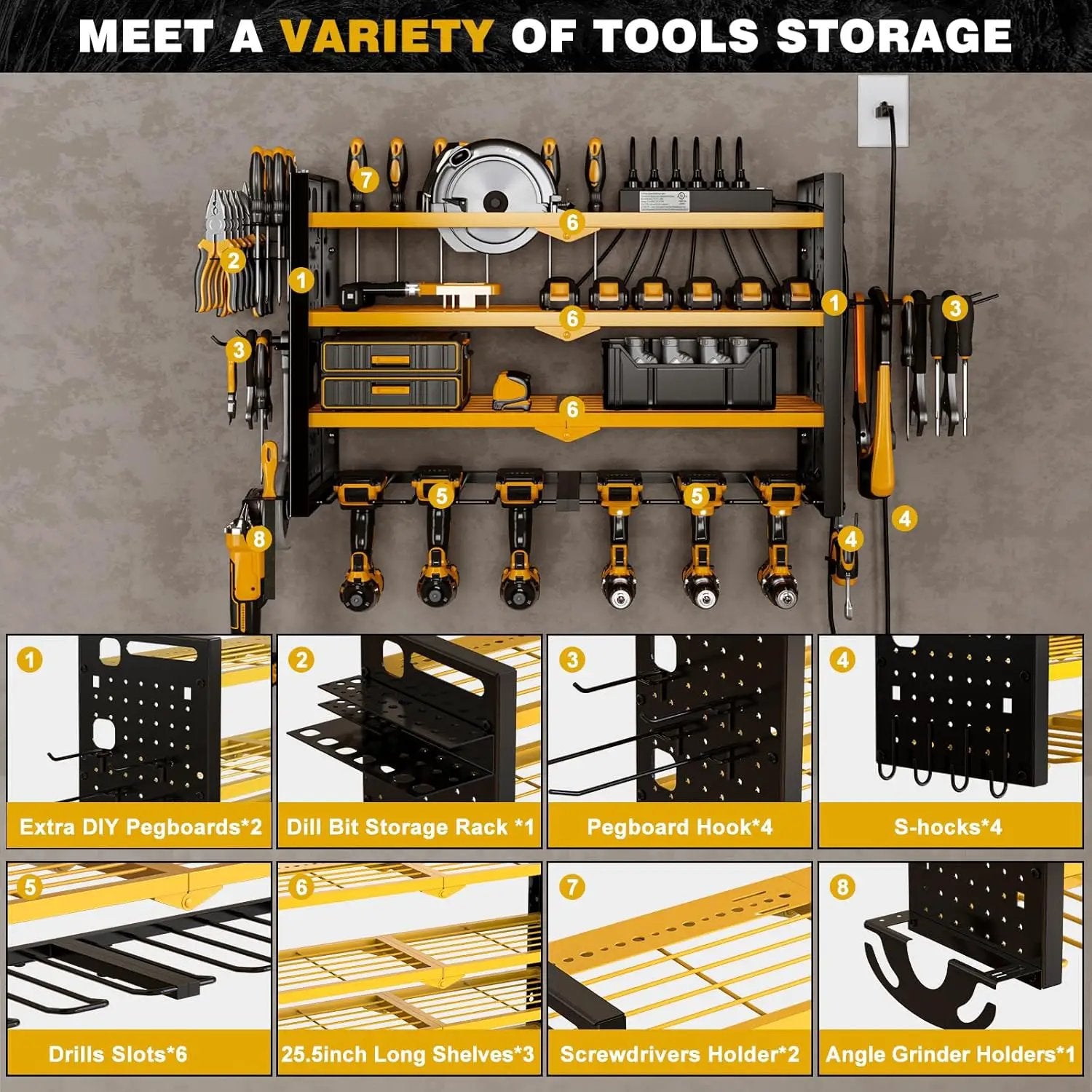 Power Tool Organizer Wall Mount with Charging Station 4 Layer 6 Slot Cordless Drill Holder with Angle Grinder Holder (Yellow) by GreenHaven Gardens