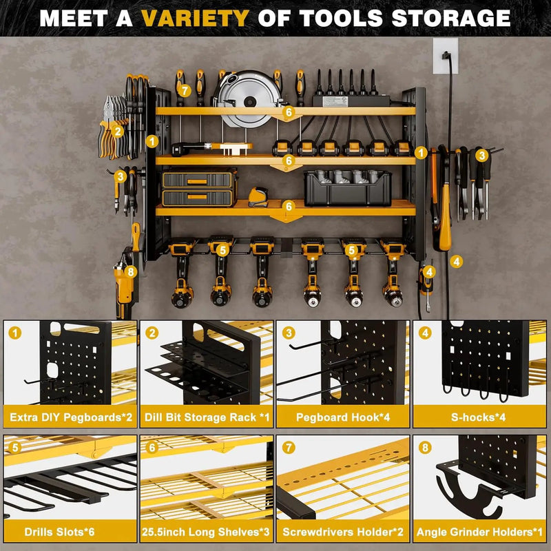 Power Tool Organizer Wall Mount with Charging Station 4 Layer 6 Slot Cordless Drill Holder with Angle Grinder Holder (Yellow) by GreenHaven Gardens
