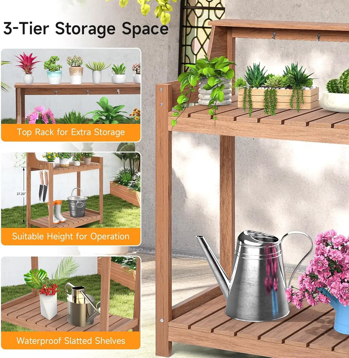HDPS Potting Bench, All Weather Potting Table with 8 Hooks and Highten Tabletop, Easy Assembly Garden Work Bench, Outdoor Potting Benches for Outside Patio Lawn, 360LBS Capacity, Teak by GreenHaven Gardens