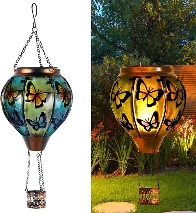 Butterfly Hot Air Balloon Solar Lantern, Solar Hot Air Balloon Flickering Flame Hanging Garden Light Candle LED Light Glass & Metal Waterproof Outdoor Lanterns Yard/Patio Decorative, Gift for Mom by GreenHaven Gardens