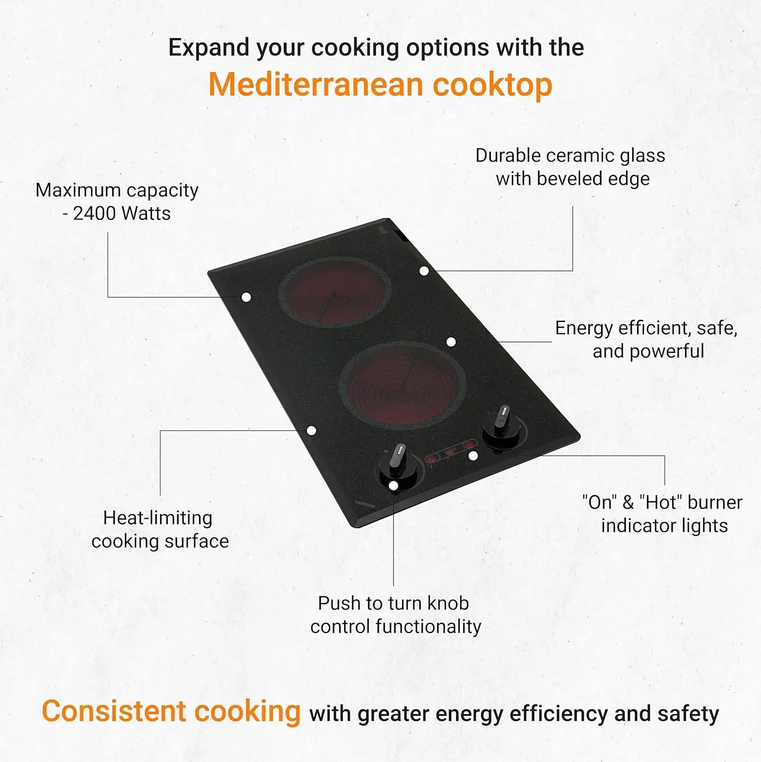 Kenyon Mediterranean 2-Burner Small Cooktop, Electric Cooktop for Energy-Efficient Cooking, Knob Control, Portrait Cooktop, 208-Volt, Black by GreenHaven Gardens