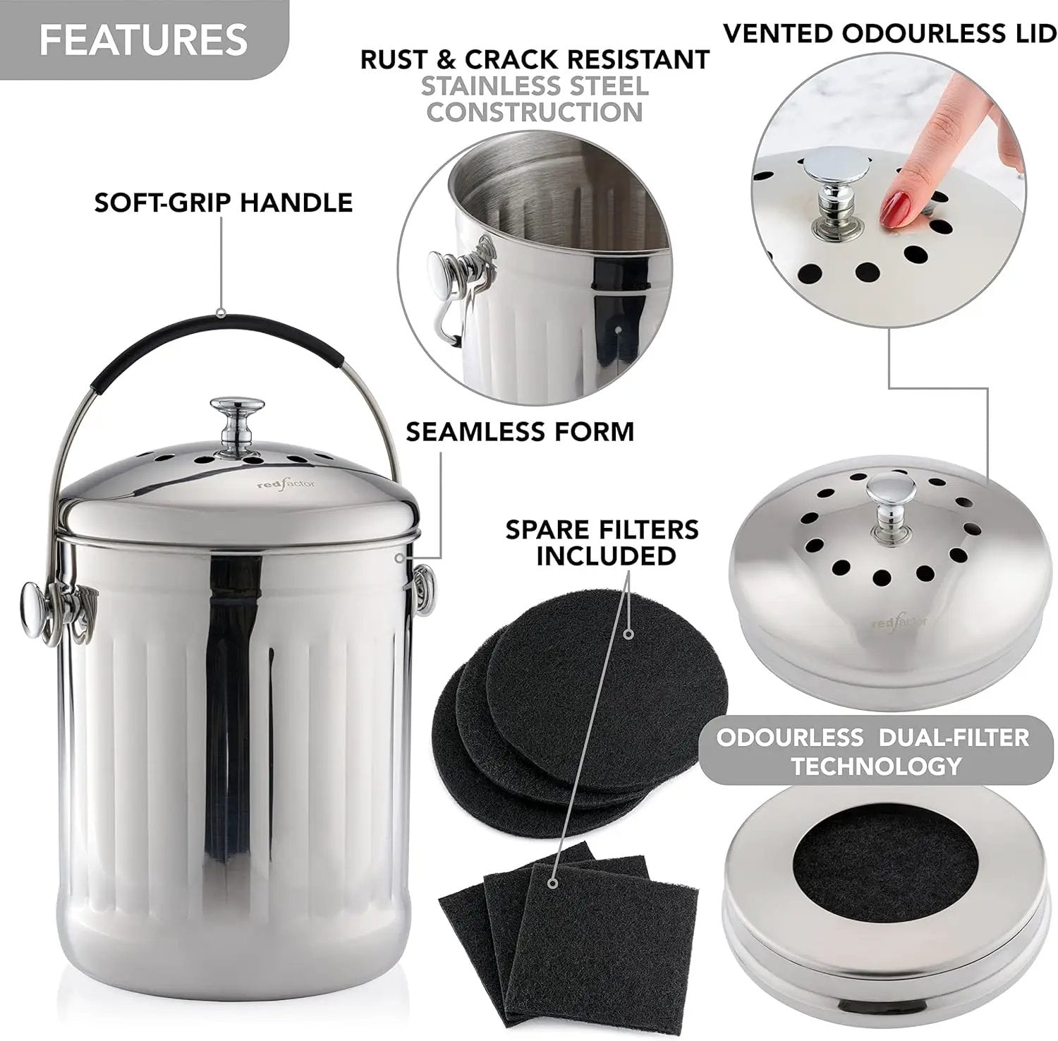 RED FACTOR Premium Compost Bin for Kitchen Countertop - Stainless Steel Food Waste Bucket with Innovative Dual Filter Technology - Includes Spare Filters (Brilliant Steel, 1.3 Gallon) by GreenHaven Gardens