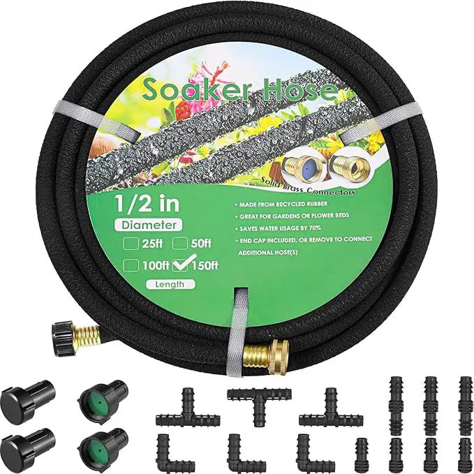 MAMIZO Soaker Hose Kit 150 ft 1/2", Solid Brass Connectors Rubber Longer Lasting, Heavy Duty Drip Hose to Save 70% Water, Soaker Hose for Garden, Lawn and Yard by GreenHaven Gardens