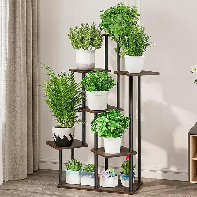 AZERPIAN Plant Stand 7 Tier Indoor Metal Flower Shelf for Multiple Plants Corner Tall Flower Holders for Patio Garden Living Room Balcony Bedroom, Black Oak by GreenHaven Gardens