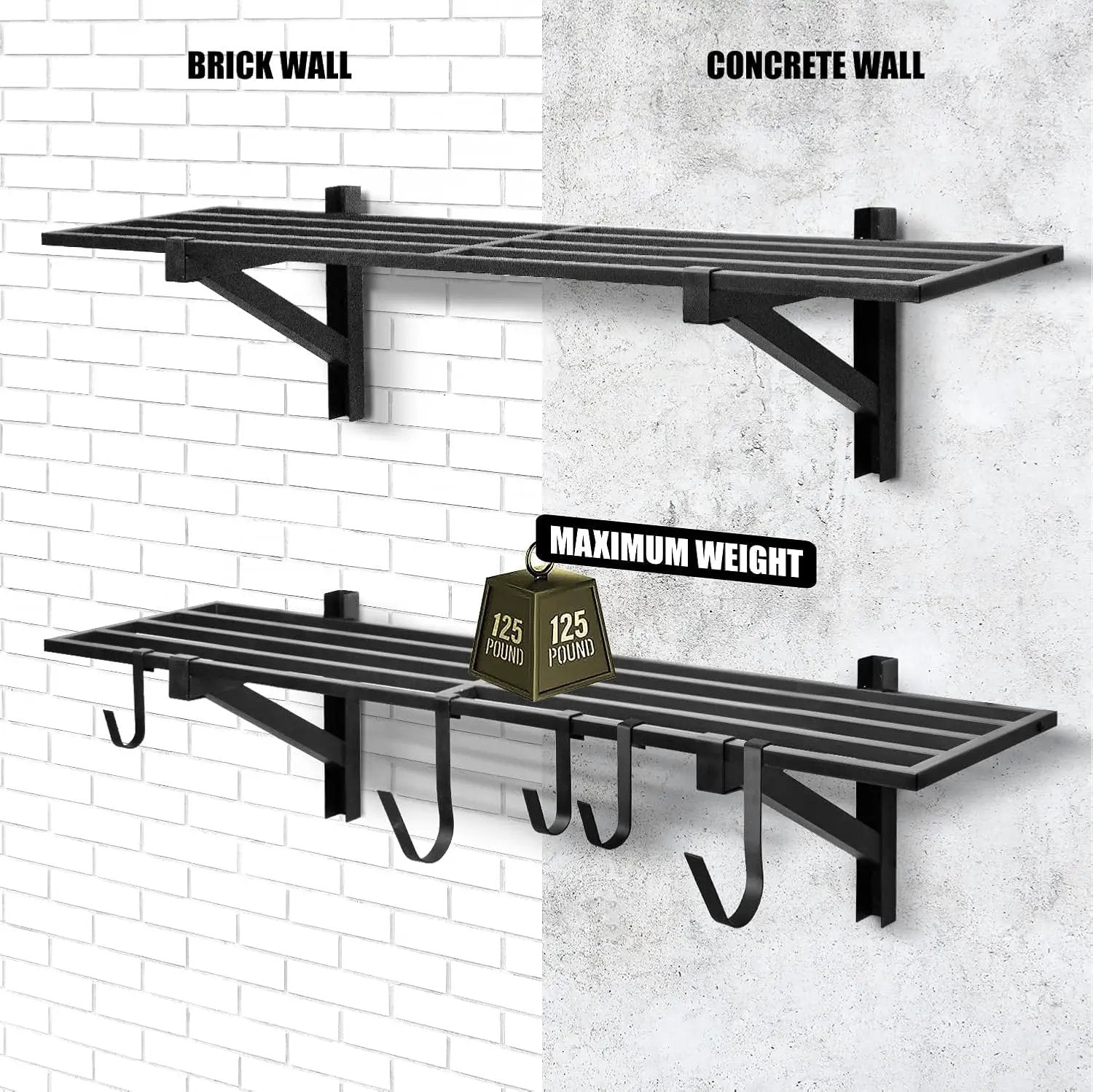 2 Pack Heavy Duty Garage Wall Shelving, 1' x 4' Wall Mount Storage, Holds 200 lbs Each, Garage Shelving Wall Mounted, Storage Rack with Hooks (Black) by GreenHaven Gardens