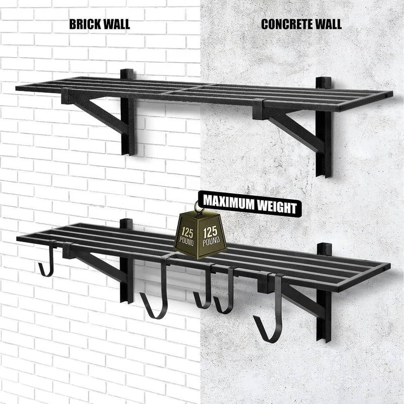 2 Pack Heavy Duty Garage Wall Shelving, 1' x 4' Wall Mount Storage, Holds 200 lbs Each, Garage Shelving Wall Mounted, Storage Rack with Hooks (Black) by GreenHaven Gardens