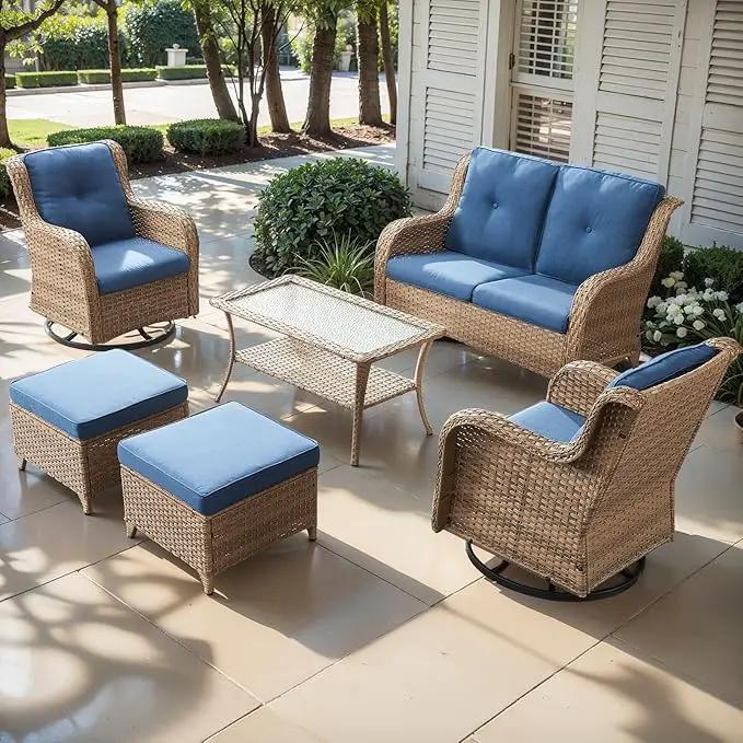 Outdoor Wicker Patio Furniture Set - 6 Piece Rattan Patio Conversation Set with 2 Rocking Swivel Chairs,2 Ottomans,1 Loveseat and 1 Coffee Table for Porch Deck Backyard Garden(Yellow/Blue) by GreenHaven Gardens