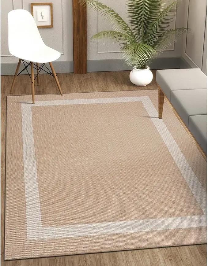 CAMILSON Outdoor Rug 8x10, Modern Outside Rugs for Patios Porches Waterproof Durable Washable Non-Shedding, Easy-to-Clean Indoor Outdoor Area Carpet (8 x 10, Bordered - Beige/White) by GreenHaven Gardens