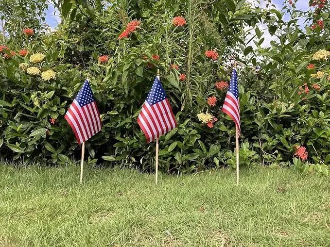 Pack of 50 American Flags with wood Stick, 12x18 Inch US Flags/American Hand Held Stick Flags with Kid-Safe Spear Top, Perfect for Patriotic Decorations, Parades, Veteran Party by GreenHaven Gardens