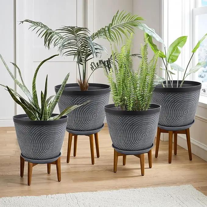 Quarut 4 Pack 15 Inch Large Planter Pot for Plants Outdoor Indoor, Plastic Flower Pots with Drainage Hole & Saucer, Modern Decorative Medium Large Plant Garden Pot, Plant Container for House (Gray) by GreenHaven Gardens