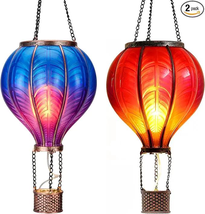 TERESA'S COLLECTIONS 2 Pack Hanging Solar Lantern Outdoor Garden Decor ,Waterproof Plastic Hot Air Balloon Red Flickering Flame Effect Lantern for Yard Tree,Gift for Mom Lovers,18" by GreenHaven Gardens