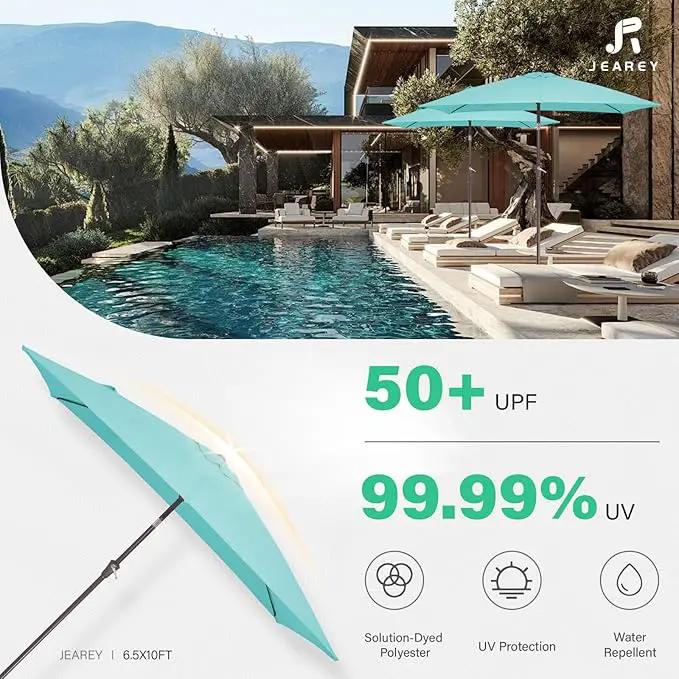 JEAREY 6.5x10 ft Rectangular Patio Umbrellas Outdoor Market Umbrella with Push Button Tilt and Crank, Rectangle Table Umbrella 6 Sturdy Ribs UV Protection for Pool Garden Backyard Deck, Peacock Blue by GreenHaven Gardens