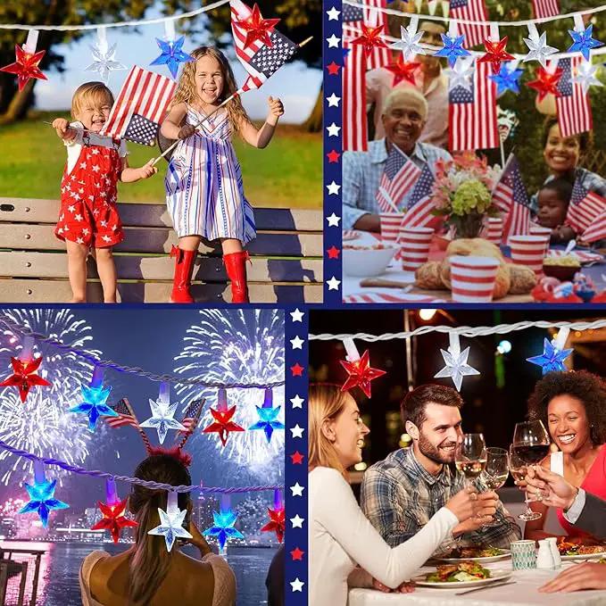 100 LED Red White and Blue Star Lights, 37FT 4th of July Star String Lights Plug in for Home Patio Garden Yard Memorial Day Independence Day Patriotic Decorations Outdoor, White Wire by GreenHaven Gardens