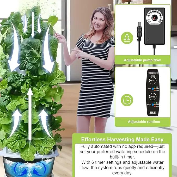 Hydroponic System Kit, Hydroponic Vertical Garden, Lettuce & Herb Starter Kit, with 36 Plant Holes, 9-Tier Indoor Outdoor Growing Tower with Climbing Trellis and Timer by GreenHaven Gardens