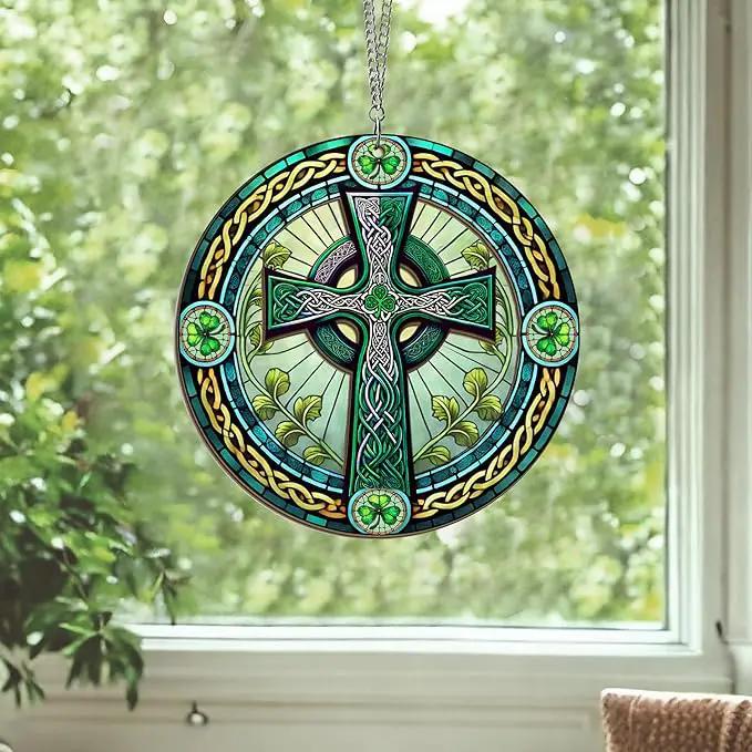St Patricks Day Decorations - Irish Gifts for Men Women Friends Family, St Patricks Day Accessories, Celtic Cross Home Decor - Double Layered Hanging Suncatcher 12 in by GreenHaven Gardens
