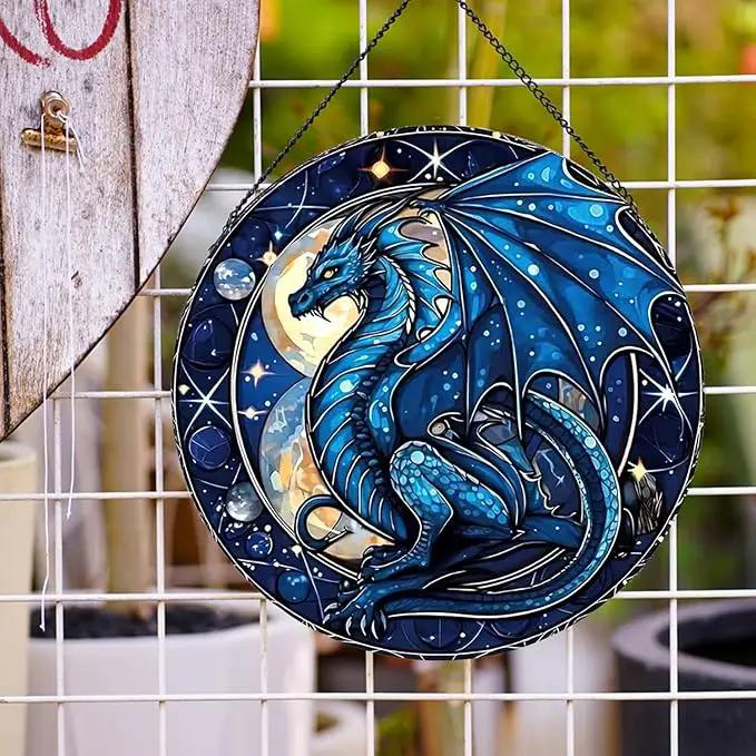 Celestial Dragon Pattern Suncatcher Stained Glass,Hanging Stained Glass for Windows,20cm/7.87inch Sun Catcher Garden Hangings Ornaments Halloween Fall Christmas Decor for Home by GreenHaven Gardens